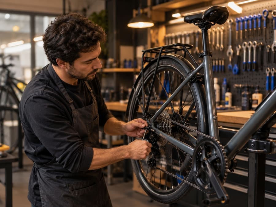Técnico ajustando la transmisión de una bicicleta en el taller