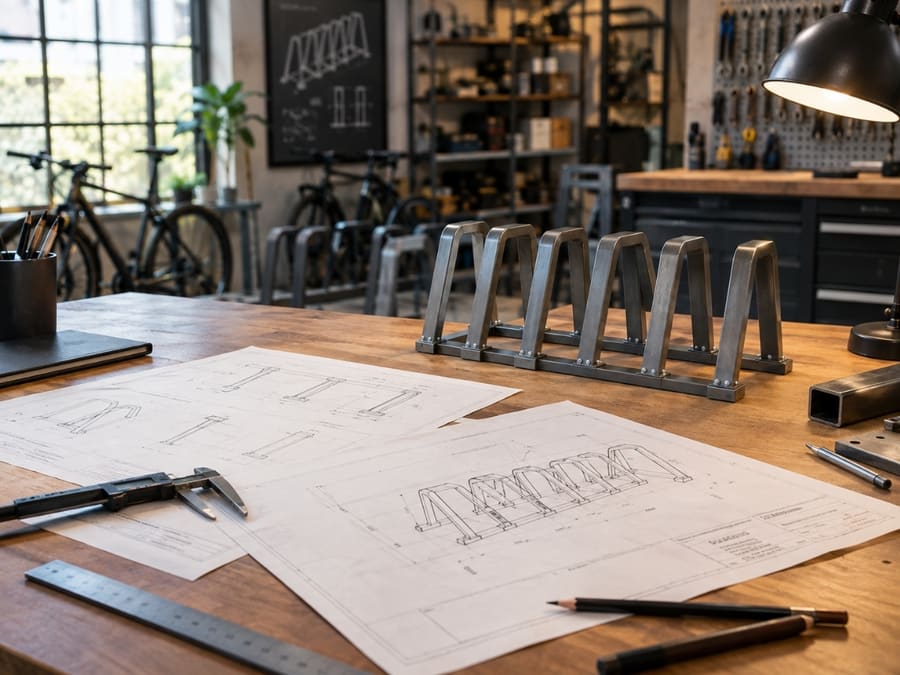 Planos técnicos y modelo a escala de un biciparqueadero sobre una mesa de trabajo