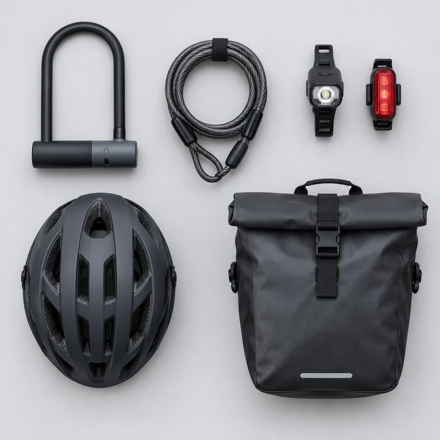 Candado, guaya, luces, casco y morral impermeable organizados en cuadrícula